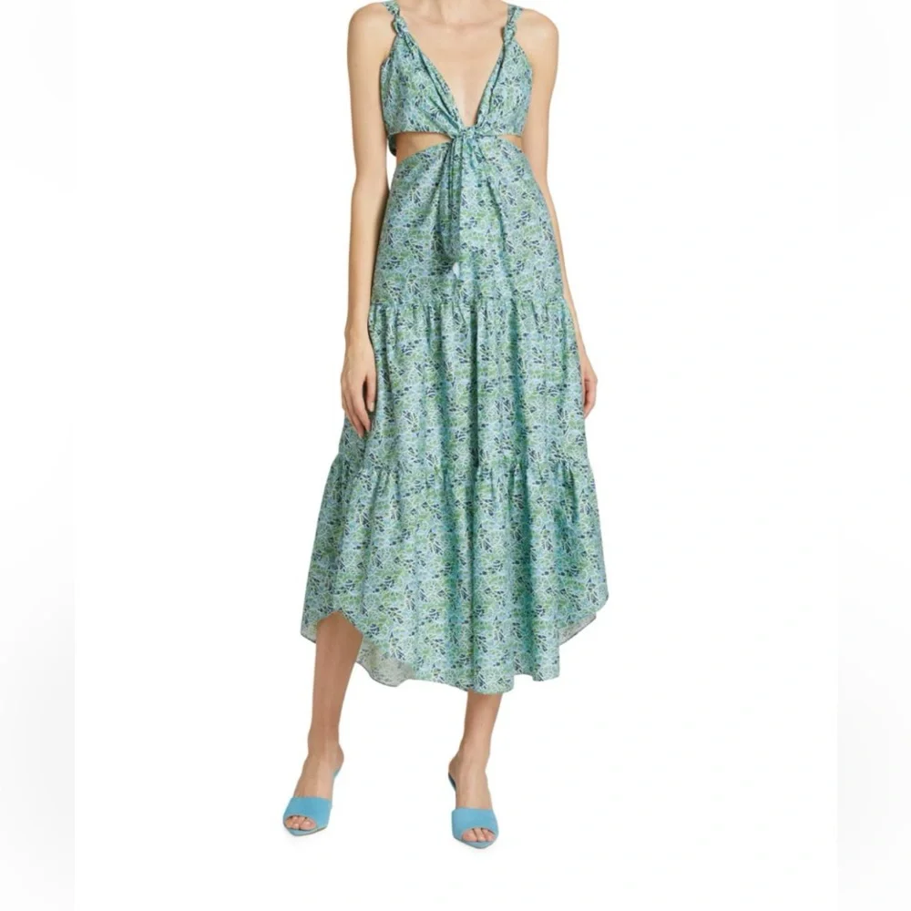 CINQ À SEPT Davian Cut Out Blue Green Knotted Midi Dress, Size 2